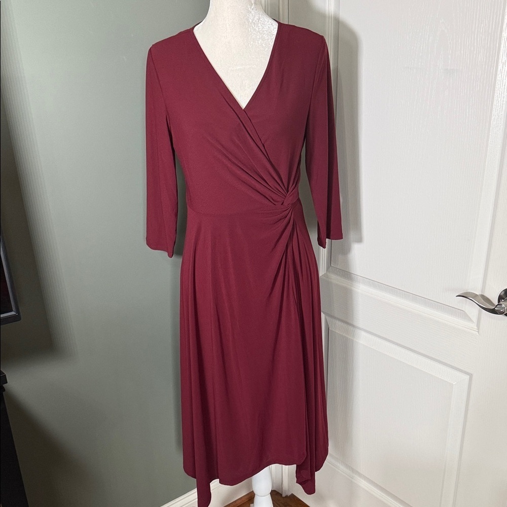 Perceptions New York Burgundy Faux Wrap Midi Dress Size M Asymmetrical Hem